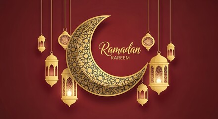 Ramadan Kareem Greeting Card with Crescent Moon and Lanterns