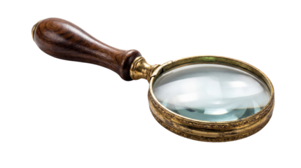 Vintage Brass Magnifying Glass with Wooden Handle Product Shot isolated PNG with Transparent Background