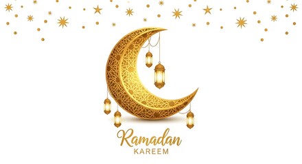 Golden Ramadan Kareem Moon and Lanterns Greeting Card