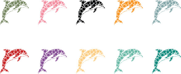 Obraz premium Colorful dolphin silhouettes composed of circles, Dolphin mosaic animals in playful dot art
