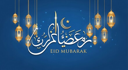 Elegant Eid Mubarak Greeting Card with Hanging Lanterns