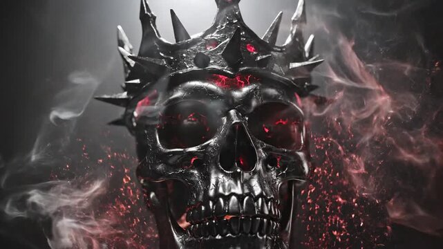 Dark metallic skull with a jagged spiked crown, surrounded by smoky wisps and redglow eyes, ominous