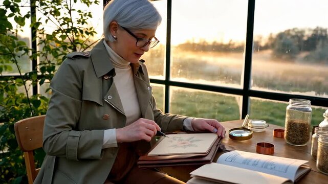 A woman wearing glasses and a trench coat writes in a notebook while sitting at a wooden table, surrounded by plants and jars, in a sunlit room