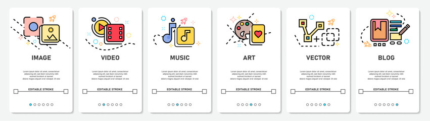 Development Hobby Menu Image, music, video, art, blog website, mobile app screens simple vektor flat design Illustration