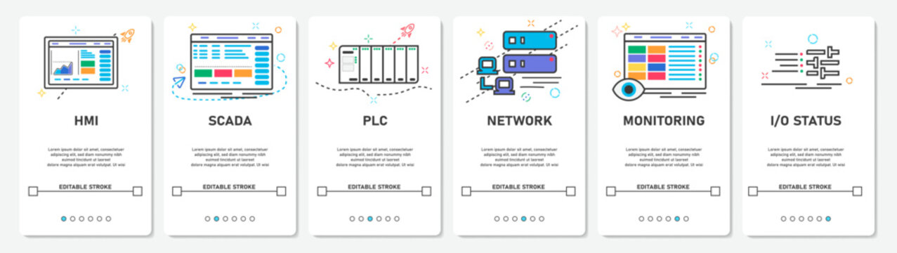 UI Development Digital Menu HMI SCADA PLC network input output status website mobile app screens simple vektor flat design