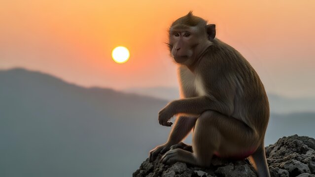 Macaque monkey sitting on rocky cliff during golden sunset with mountain silhouettes in background, wildlife photography for nature and travel content.