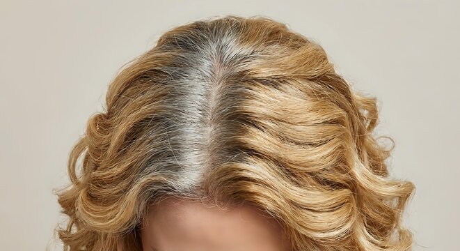 Blonde woman showing gray roots in wavy hair, hair care and coloring concept for beauty salon services and hair maintenance products.