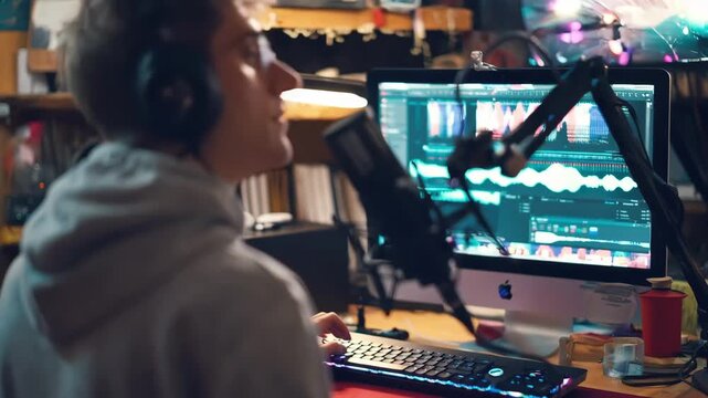 Person speaking into microphone with headphones on surrounded by blurred podcasting setup in a creative media lab environment.