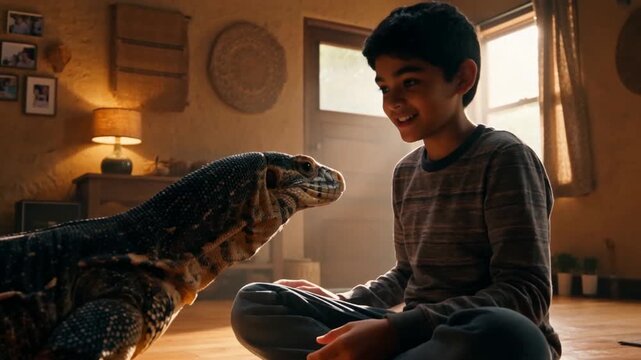 A young boy seated on the floor, happily interacting with a large lizard in a cozy, sunlit room, surrounded by warm decor and plants