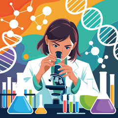 Female scientist vector with microscope, lab glassware, DNA strands, and molecular symbols in vibrant research illustration.