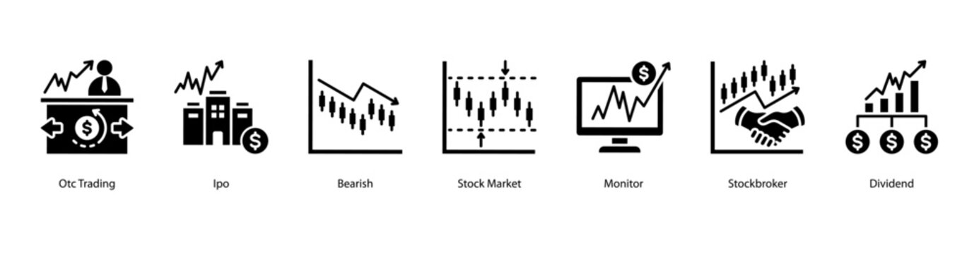 Market Monitoring web banner icon vector illustration featuring OTC Trading, IPO, Bearish, Stock Market, Monitor, Stockbroker, and Dividend.