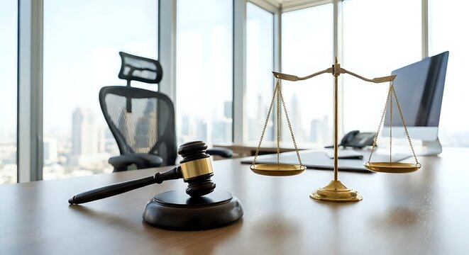 Modern law office interior with wooden gavel, brass scales of justice and computer on desk overlooking city skyline through large windows for legal services.