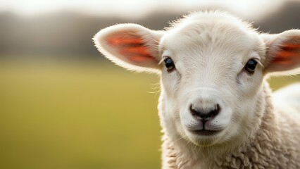Obraz premium Adorable white lamb with pink ears looking directly at camera in sunny pastoral meadow setting for agriculture and farming content.
