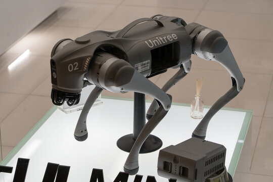 Unitree Go2 Air bionic robot dog in the display case of an electronics store. Minsk, Belarus - March 16, 2025
