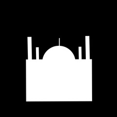 Black and white background with minimal mosque silhouette.