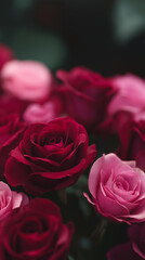 Close-up of deep red and soft pink roses in a lush floral arrangement