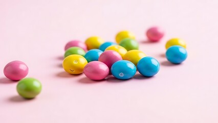Obraz premium Colorful plastic Easter eggs scattered on a pastel pink background