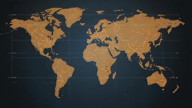 Digital dotted globe map with illuminated city nodes and connecting lines warm orange tones