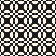 Black and white vector geometric seamless pattern. Simple floral ornament. Abstract background with flower silhouettes, leaves, petals, grid, mesh, lattice. Monochrome texture. Repeatable geo design