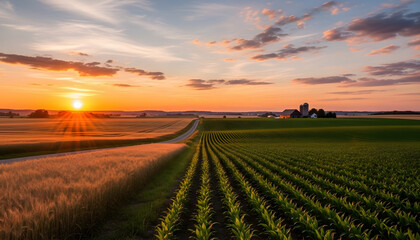 A vibrant summer sunset glows over a lush green rural landscape where a winding road cuts through the agricultural farm fields and grassy meadows under a dramatic sky