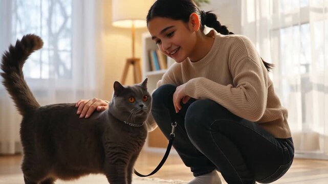 A young girl smiling while interacting with a gray cat on a leash in a well-lit living room, showcasing a joyful and playful atmosphere