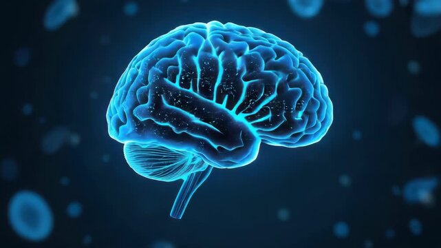 Glowing blue neural brain anatomy illustration with floating particles, network patterns