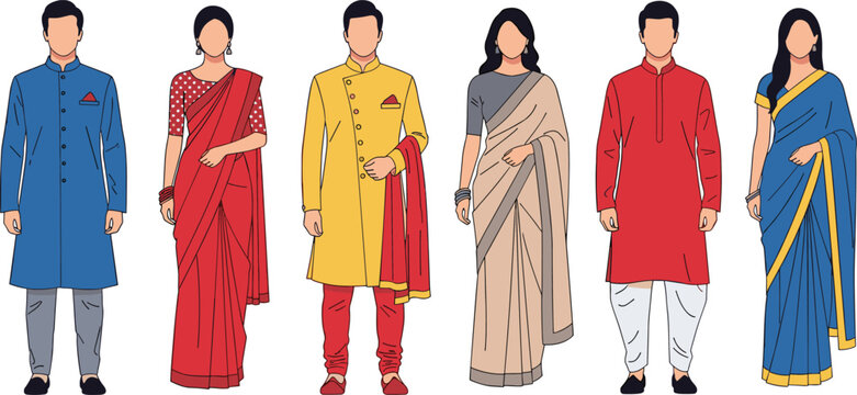 Vector illustration set of Indian traditional formal and casual attire, featuring men in kurta pajama and women in colorful sarees, isolated on white.
