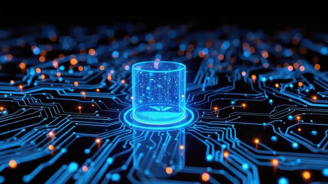 Glowing blue digital data hub on circuit board with glowing particles bokeh neon hub