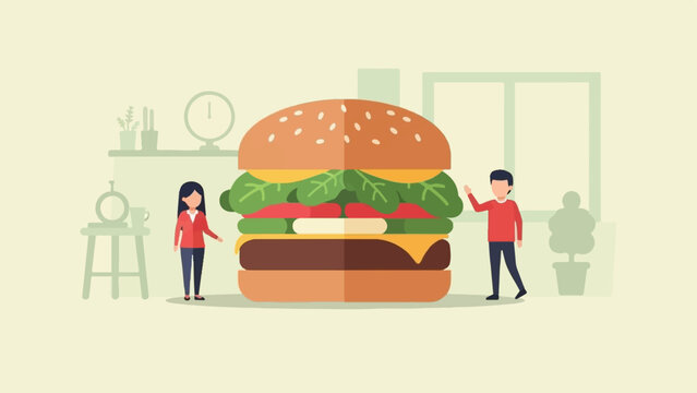 Two people stand near a massive burger in a minimalist room