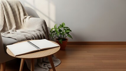 Fototapeta premium Cozy Corner with Armchair Blanket Notebook and Potted Plant on Wooden Floor