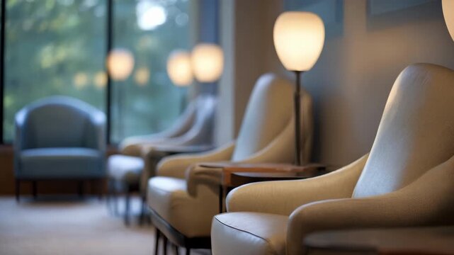 Soft diffused light from adjustable lamps highlighting a therapeutic seating area creating a serene atmosphere with the surroundings softly out of focus.