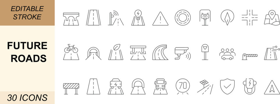 Future roads line icons of smart lanes, tunnels, traffic, sensors, drones, solar roads, and safety. For apps, web, transport, and smart city projects. Editable stroke.