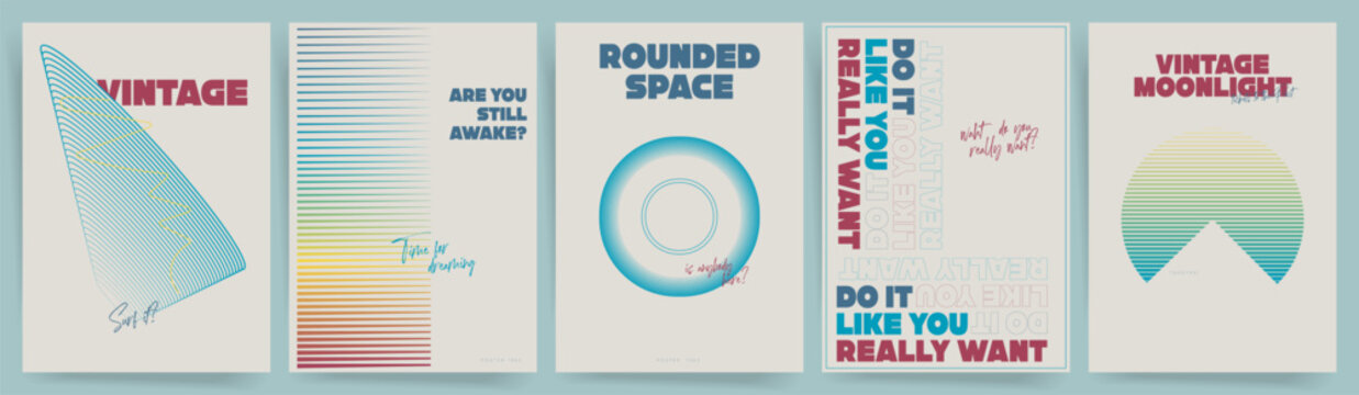 WebVintage retro futurism poster templates with gradient lines, minimal typography, circle ring and sun moon shapes, Swiss brutalism design
