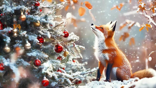Red fox looking up in snowy forest with Christmas tree decorations  
