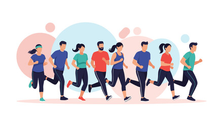 Group of diverse men and women in sportswear jogging together, promoting a healthy lifestyle, fitness, and outdoor exercise.