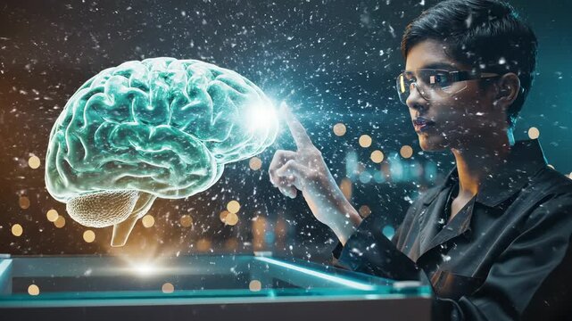 Person studies holographic brain with futuristic interface technology. Scientist analyzes digital brain using hologram. Person works with brain visualization. Futuristic brain research technology.