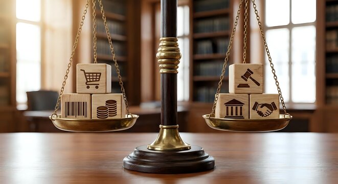 Brass scales of justice balancing consumer rights and legal symbols in law office with wooden background representing commercial law and regulations.