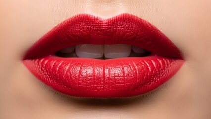 Obraz premium Extreme Close-up of Full Lips with Bright Glossy Red Lipstick