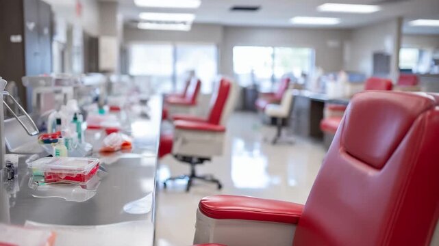 Multiple blood draw stations aligned in a bright outpatient lab clear emphasis on one phlebotomy chair and its supplies while other stations remain softly blurred.