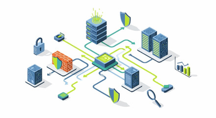 Obraz premium Isometric illustration of a complex network system with various interconnected components and data flow.