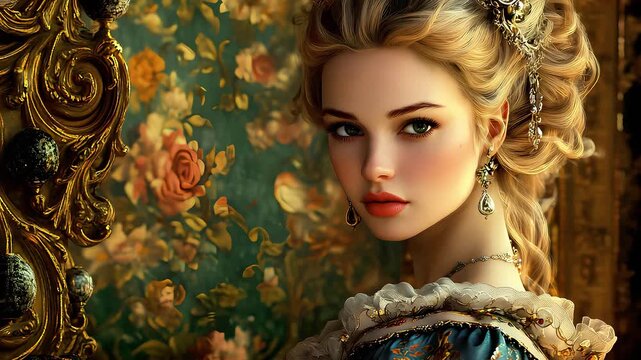 Young woman in historical dress posing against ornate floral background  