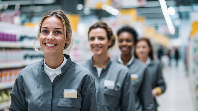 Team of Smiling Female Supermarket Employees Standing in Line in Aisle: Group of Retail Staff Ready to Work.