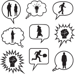 Silhouette of people in various speech bubbles and actions