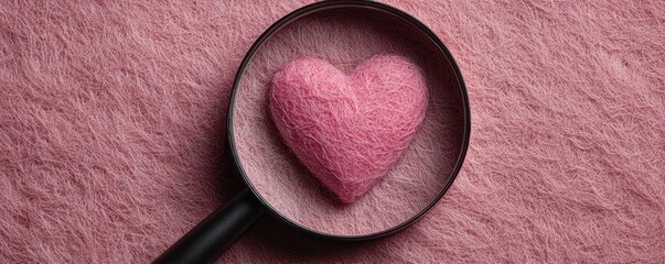 A magnifying glass focuses on a pink heart-shaped object resting on a soft, textured pink background.