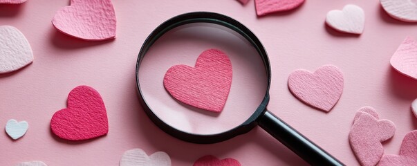 A close-up view of pink paper hearts with a magnifying glass highlighting one heart on a soft pink background.