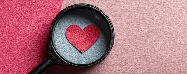 A close-up view of a heart-shaped cutout under a magnifying glass, set against a textured pink background.