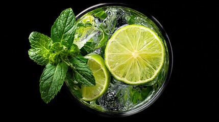 Refreshing mojito cocktail with lime mint and crushed ice in tall glass with condensation
