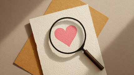 A magnifying glass highlights a pink heart shape on textured paper, symbolizing love and attention to detail in a creative setup.