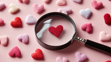 A magnifying glass focuses on a red felt heart surrounded by various colorful heart shapes on a pink background.