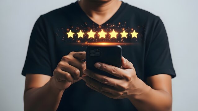 Person using smartphone with glowing five-star rating graphics above it.